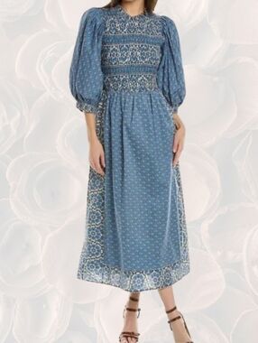 Sea New York Smocked Floral Midi Dress Open Back Boho Prairie XS